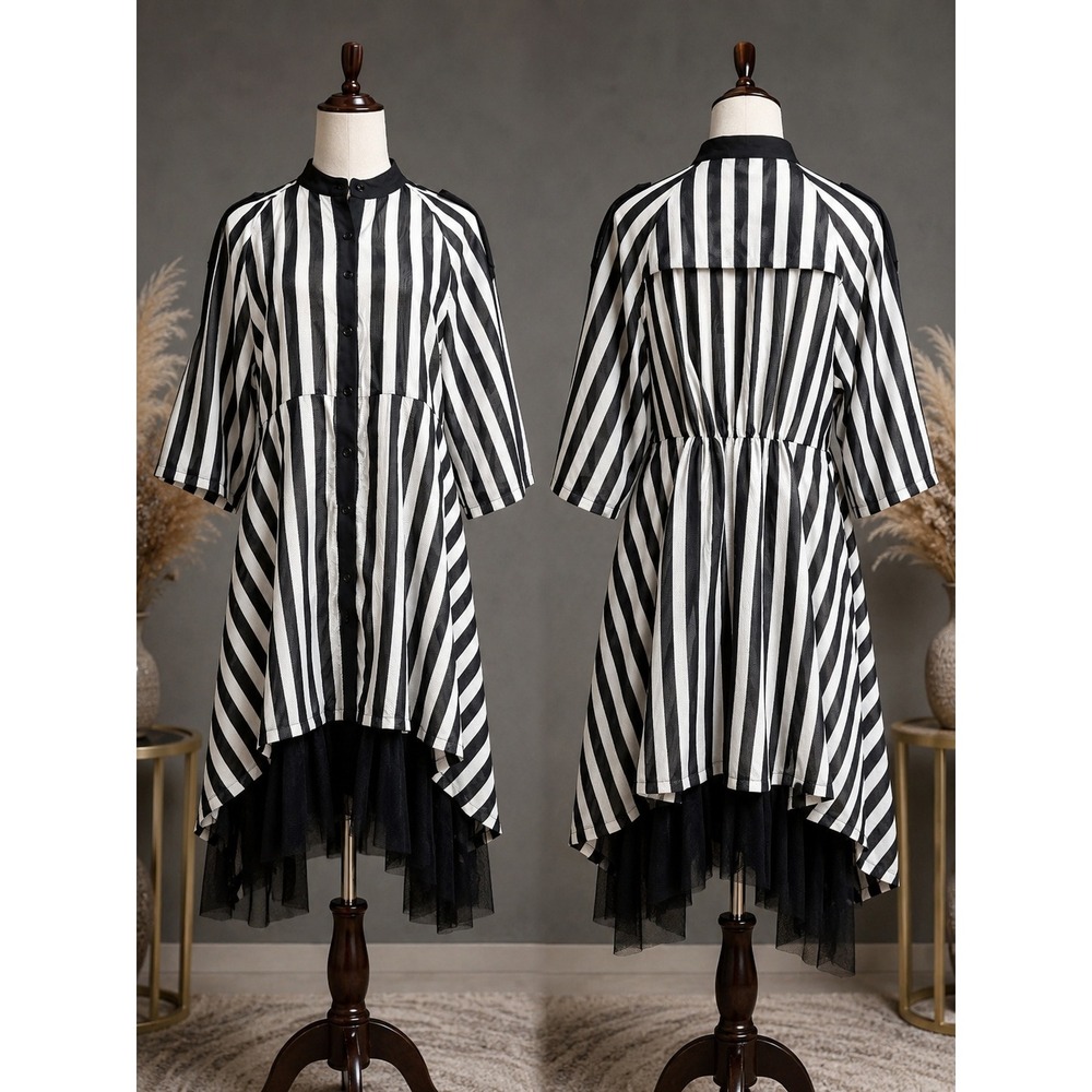 Voila Black White Striped Avant Garde High Low Tulle Mesh Dress Large
